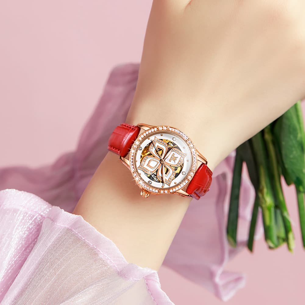 OLEVS 6612 Automatic Skeleton Four Leaf Clover Watch Set for Women - Rose Gold Red Leather Set Watch | Olevs Watch Store
