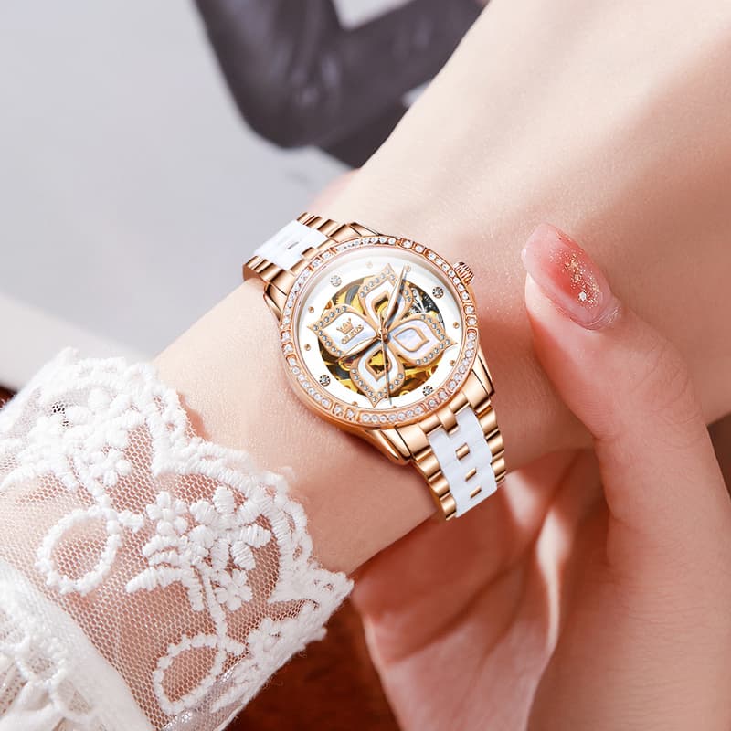 OLEVS 6612 Automatic Skeleton Four Leaf Clover Watch Set for Women - Rose Gold Red Leather Set Watch | Olevs Watch Store