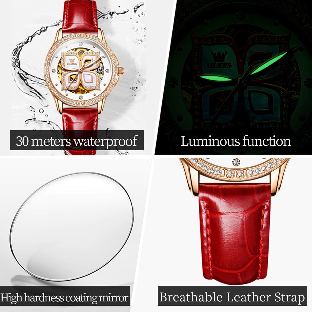 OLEVS 6612 Automatic Skeleton Four Leaf Clover Watch Set for Women - Rose Gold Red Leather Set Watch | Olevs Watch Store