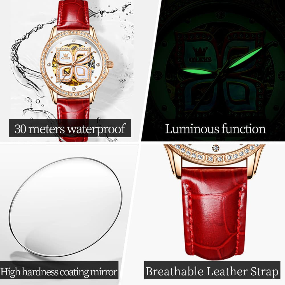 OLEVS 6612 Automatic Skeleton Four Leaf Clover Watch Set for Women - Rose Gold Red Leather Set Watch | Olevs Watch Store