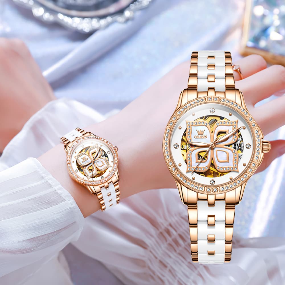 OLEVS 6612 Automatic Skeleton Four Leaf Clover Watch Set for Women - Rose Gold Red Leather Set Watch | Olevs Watch Store