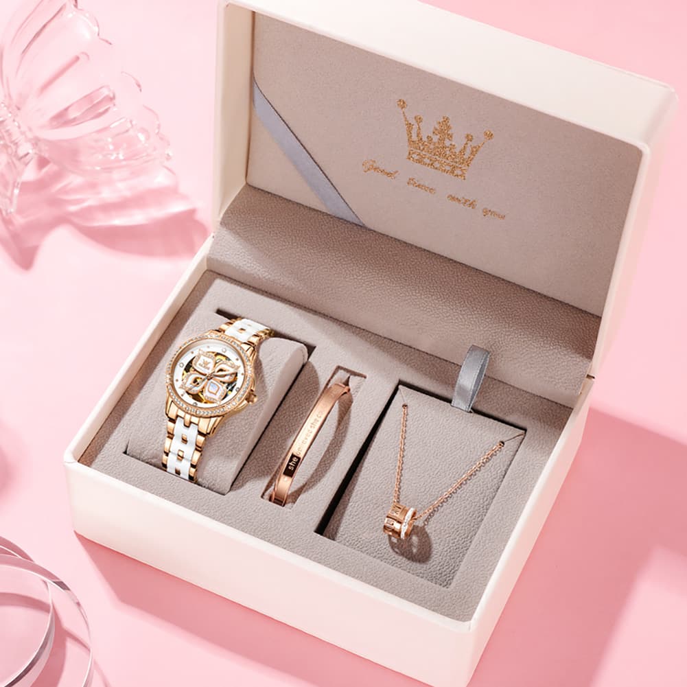 OLEVS 6612 Automatic Skeleton Four Leaf Clover Watch Set for Women - Rose Gold Red Leather Set Watch | Olevs Watch Store