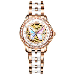 OLEVS 6615 Automatic Skeleton Bright Butterfly Watch Set for Women - Rose Gold White Ceramic Set Watch | Olevs Watch Store