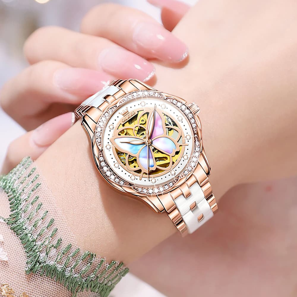 OLEVS 6615 Automatic Skeleton Bright Butterfly Watch Set for Women - Rose Gold Blue Leather Set Watch | Olevs Watch Store