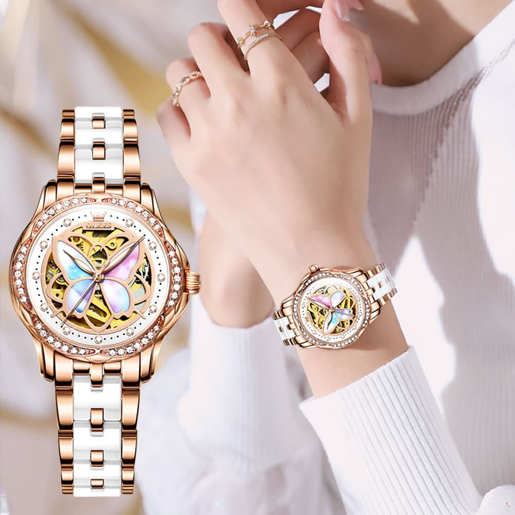 OLEVS 6615 Automatic Skeleton Bright Butterfly Watch Set for Women - Rose Gold Blue Leather Set Watch | Olevs Watch Store