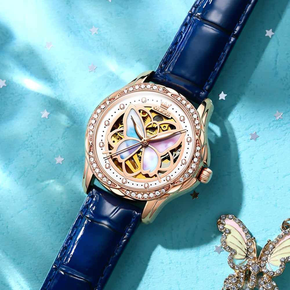 OLEVS 6615 Automatic Skeleton Bright Butterfly Watch Set for Women - Rose Gold Blue Leather Set Watch | Olevs Watch Store