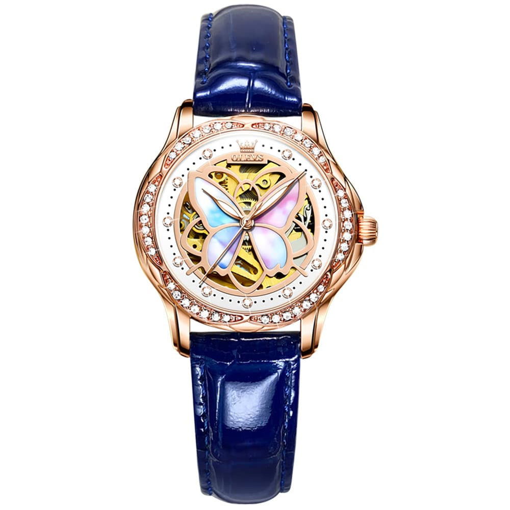 OLEVS 6615 Automatic Skeleton Bright Butterfly Watch Set for Women - Rose Gold Blue Leather Set Watch | Olevs Watch Store