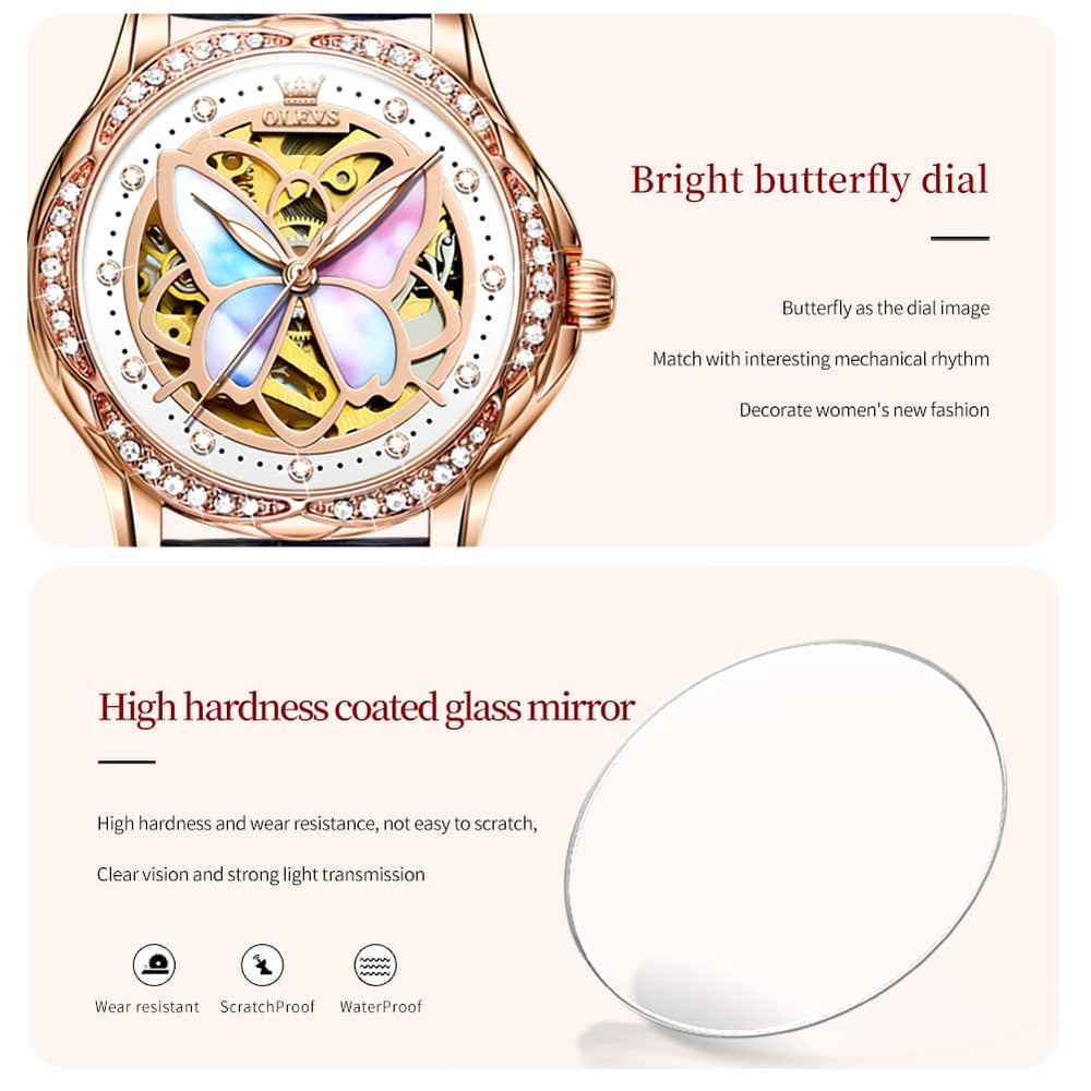 OLEVS 6615 Automatic Skeleton Bright Butterfly Watch Set for Women - Rose Gold Blue Leather Set Watch | Olevs Watch Store
