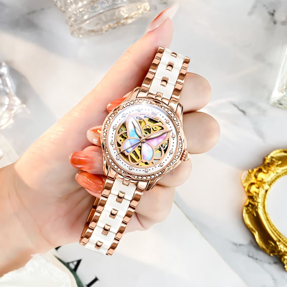OLEVS 6615 Automatic Skeleton Bright Butterfly Watch Set for Women - Rose Gold Blue Leather Set Watch | Olevs Watch Store