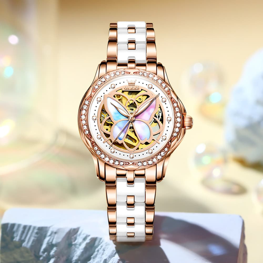 OLEVS 6615 Automatic Skeleton Bright Butterfly Watch Set for Women - Rose Gold Blue Leather Set Watch | Olevs Watch Store