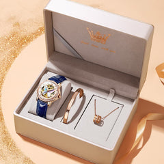 OLEVS 6615 Automatic Skeleton Bright Butterfly Watch Set for Women - Rose Gold Blue Leather Set Watch | Olevs Watch Store
