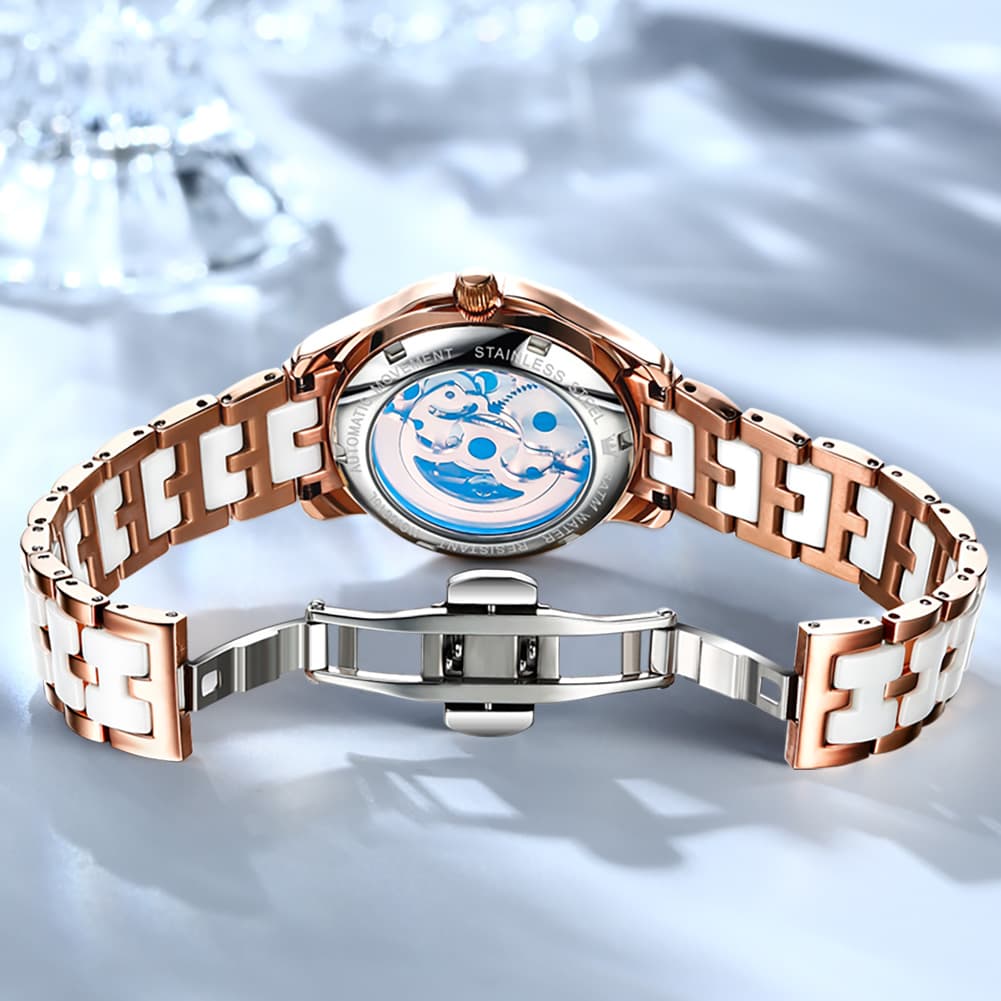 OLEVS 6615 Automatic Skeleton Bright Butterfly Watch Set for Women - Rose Gold Blue Leather Set Watch | Olevs Watch Store