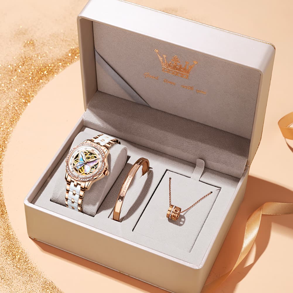 OLEVS 6615 Automatic Skeleton Bright Butterfly Watch Set for Women - Rose Gold Blue Leather Set Watch | Olevs Watch Store