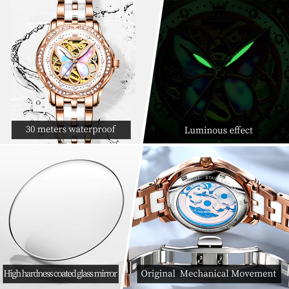 OLEVS 6615 Automatic Skeleton Bright Butterfly Watch Set for Women - Rose Gold Blue Leather Set Watch | Olevs Watch Store