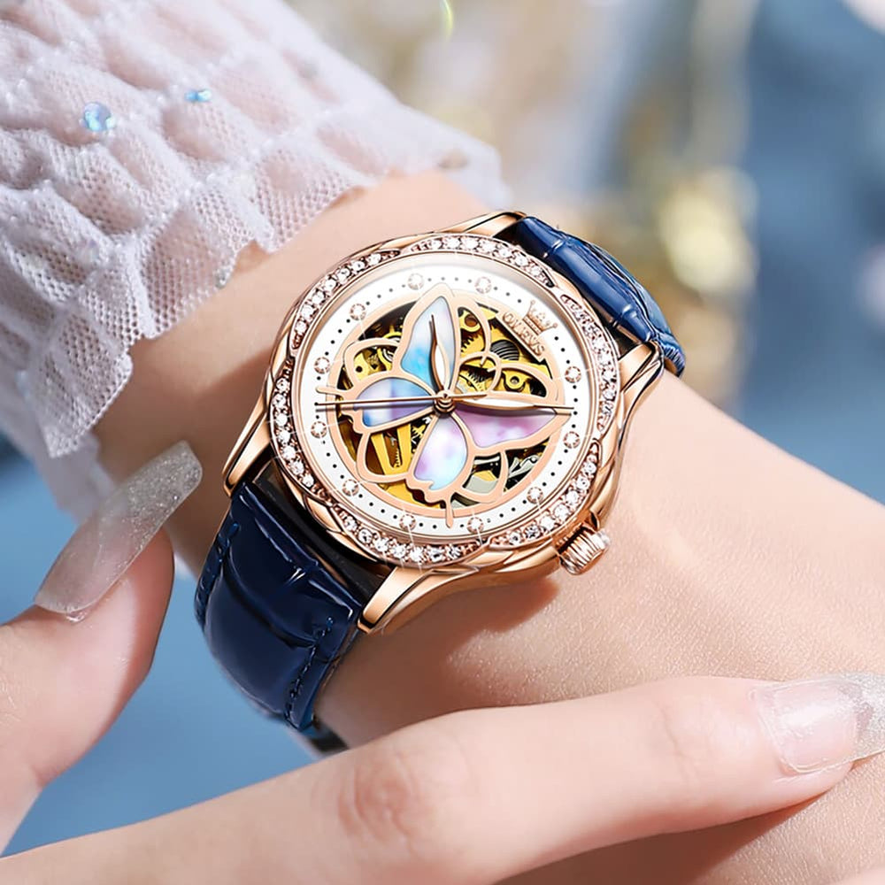 OLEVS 6615 Automatic Skeleton Bright Butterfly Watch Set for Women - Rose Gold Blue Leather Set Watch | Olevs Watch Store