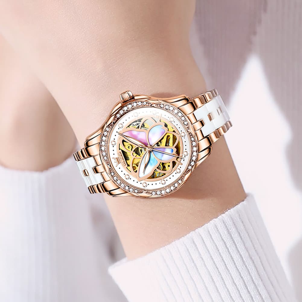 OLEVS 6615 Automatic Skeleton Bright Butterfly Watch Set for Women - Rose Gold Blue Leather Set Watch | Olevs Watch Store