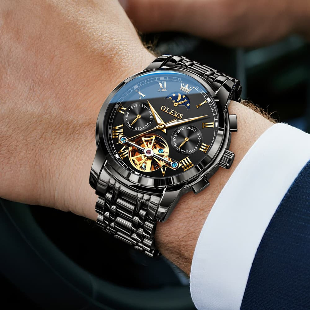OLEVS 6617 Automatic Mechanical Tourbillon Moon Phase Watch for Men - All Black Steel Watch | Olevs Watch Store