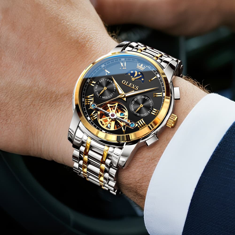 OLEVS 6617 Automatic Mechanical Tourbillon Moon Phase Watch for Men - All Black Steel Watch | Olevs Watch Store