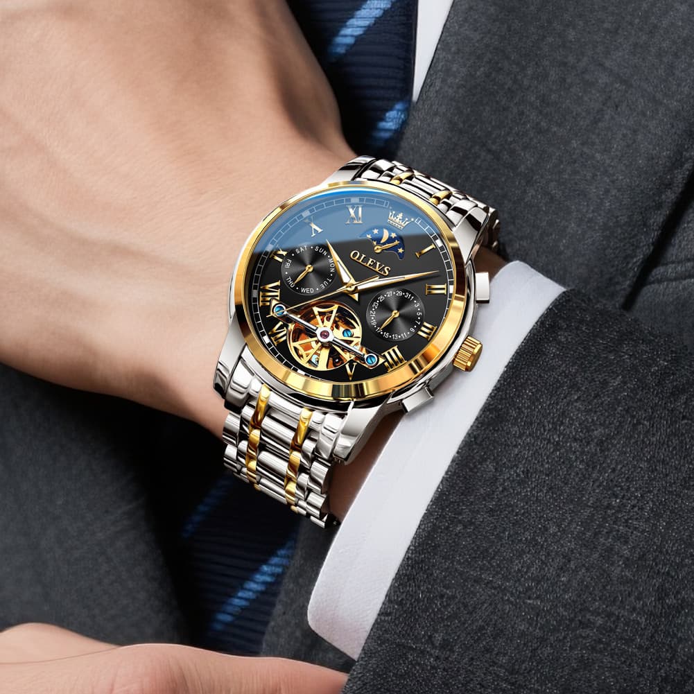 OLEVS 6617 Automatic Mechanical Tourbillon Moon Phase Watch for Men - All Black Steel Watch | Olevs Watch Store