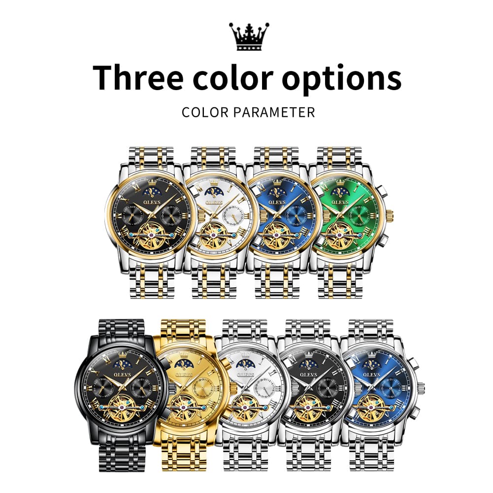 OLEVS 6617 Automatic Mechanical Tourbillon Moon Phase Watch for Men - All Black Steel Watch | Olevs Watch Store