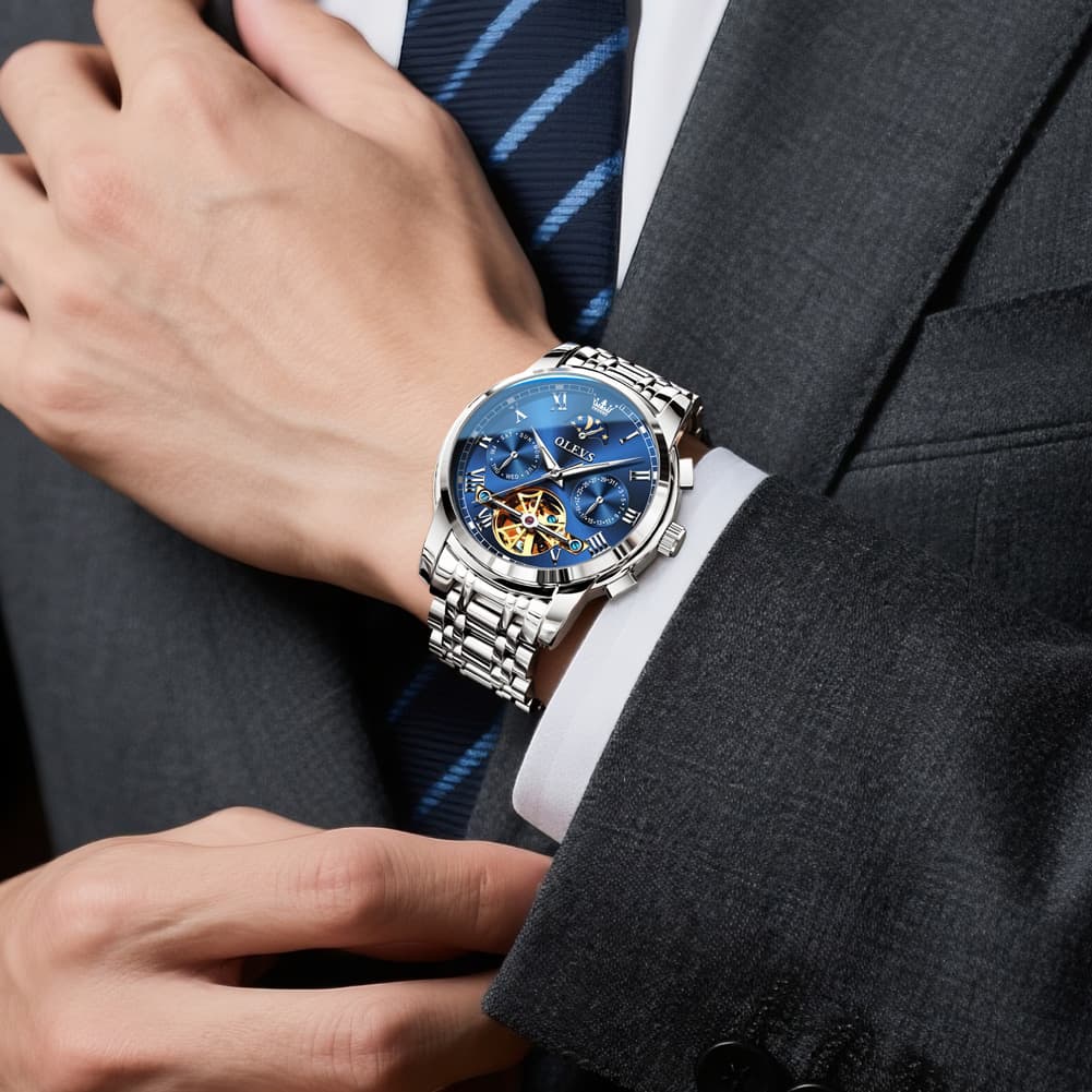 OLEVS 6617 Automatic Mechanical Tourbillon Moon Phase Watch for Men - All Black Steel Watch | Olevs Watch Store