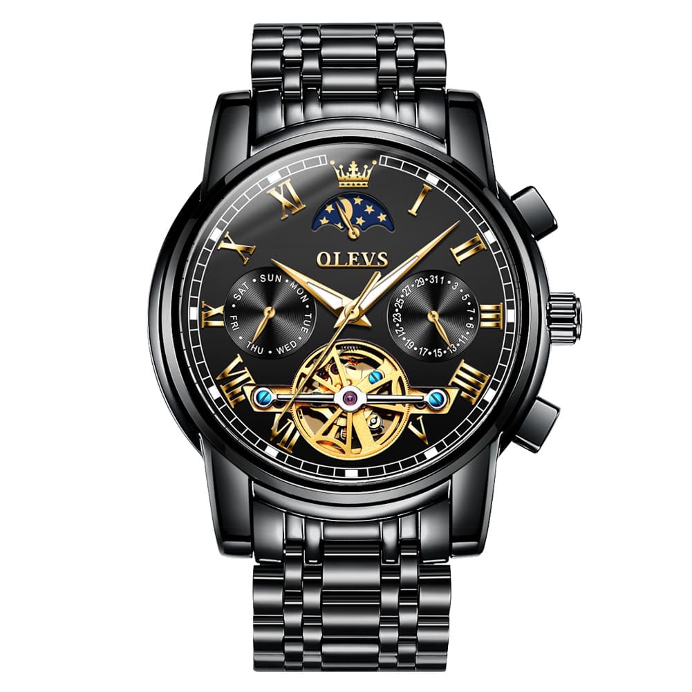 OLEVS 6617 Automatic Mechanical Tourbillon Moon Phase Watch for Men - All Black Steel Watch | Olevs Watch Store