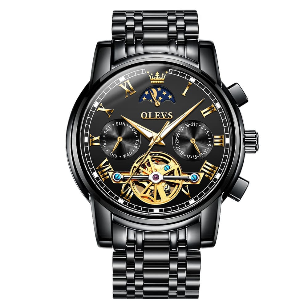 OLEVS 6617 Automatic Mechanical Tourbillon Moon Phase Watch for Men - All Black Steel Watch | Olevs Watch Store