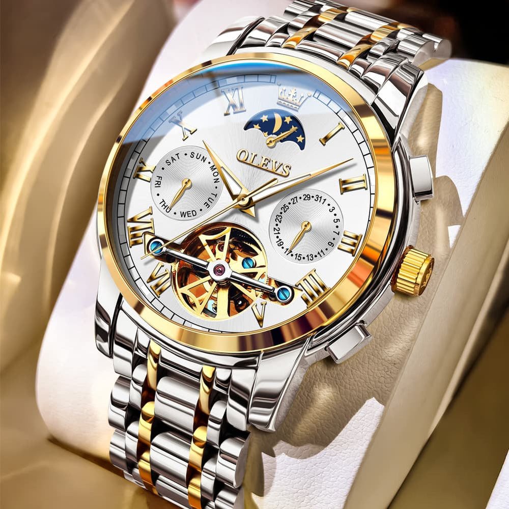 OLEVS 6617 Automatic Mechanical Tourbillon Moon Phase Watch for Men - All Black Steel Watch | Olevs Watch Store