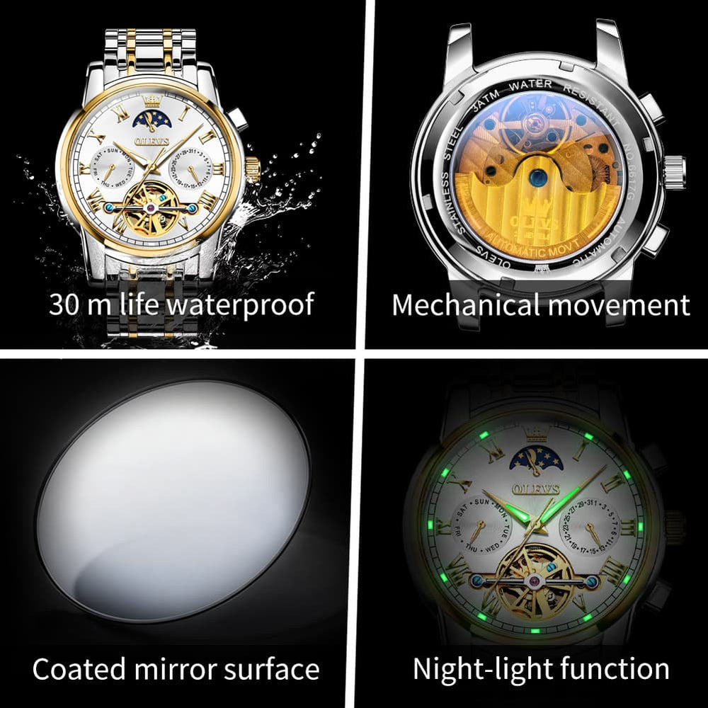OLEVS 6617 Automatic Mechanical Tourbillon Moon Phase Watch for Men - All Black Steel Watch | Olevs Watch Store
