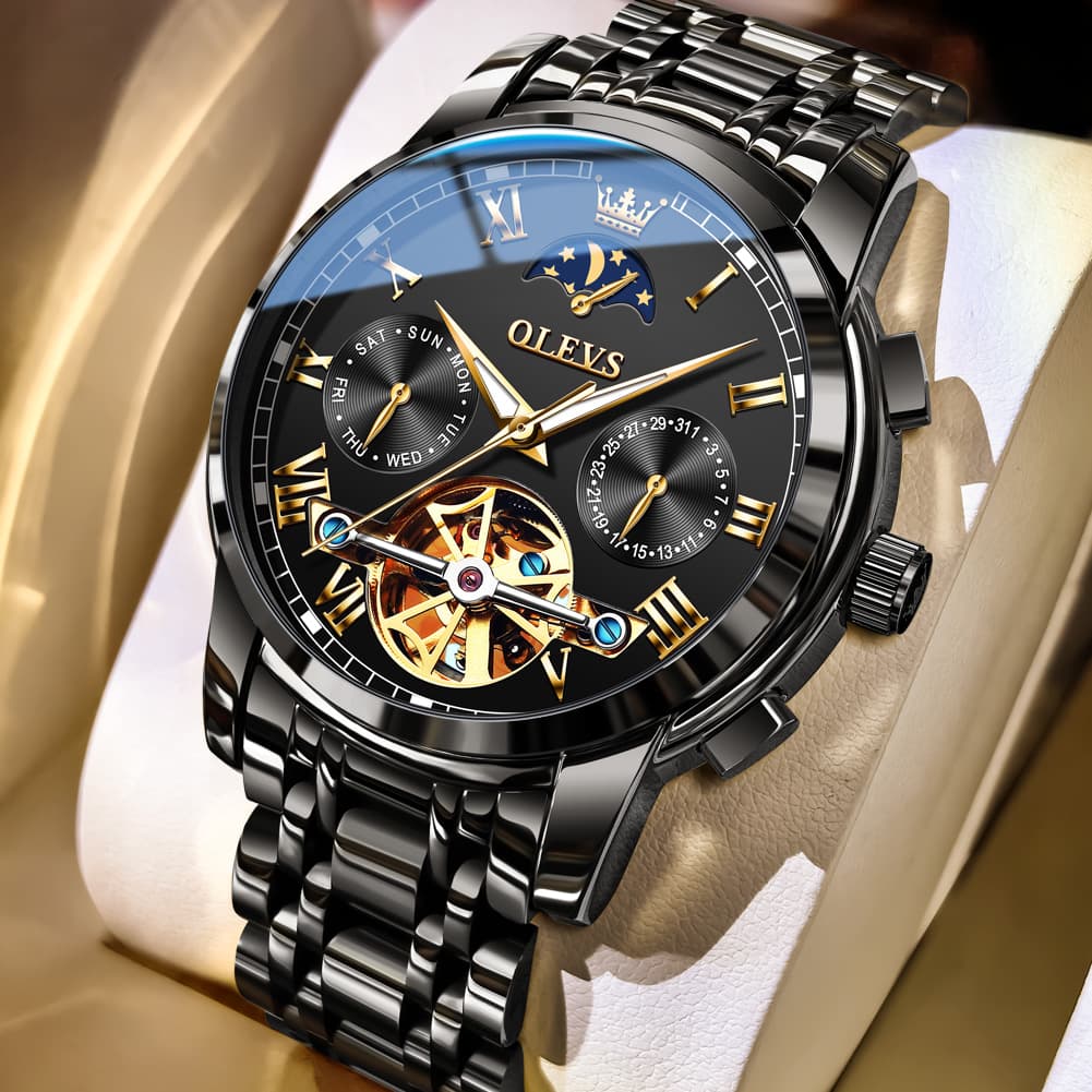 OLEVS 6617 Automatic Mechanical Tourbillon Moon Phase Watch for Men - All Black Steel Watch | Olevs Watch Store