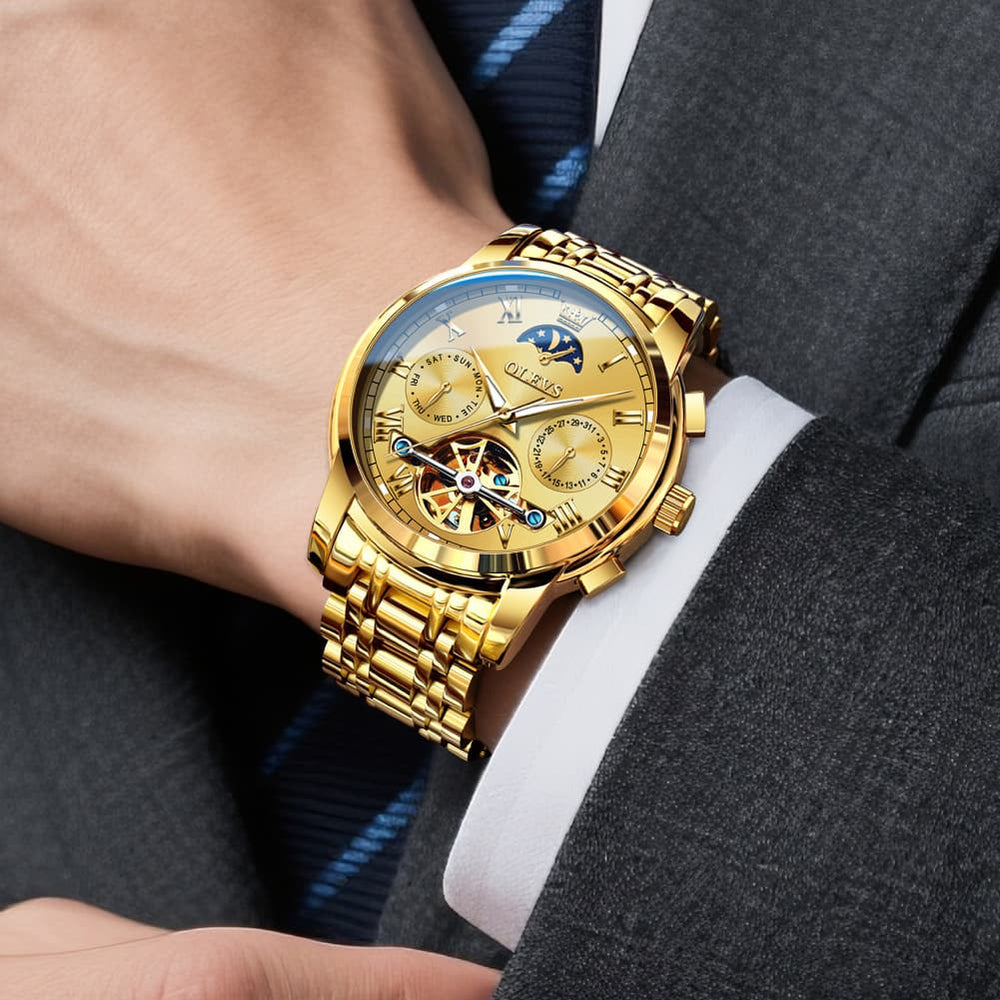 OLEVS 6617 Automatic Mechanical Tourbillon Moon Phase Watch for Men - All Black Steel Watch | Olevs Watch Store