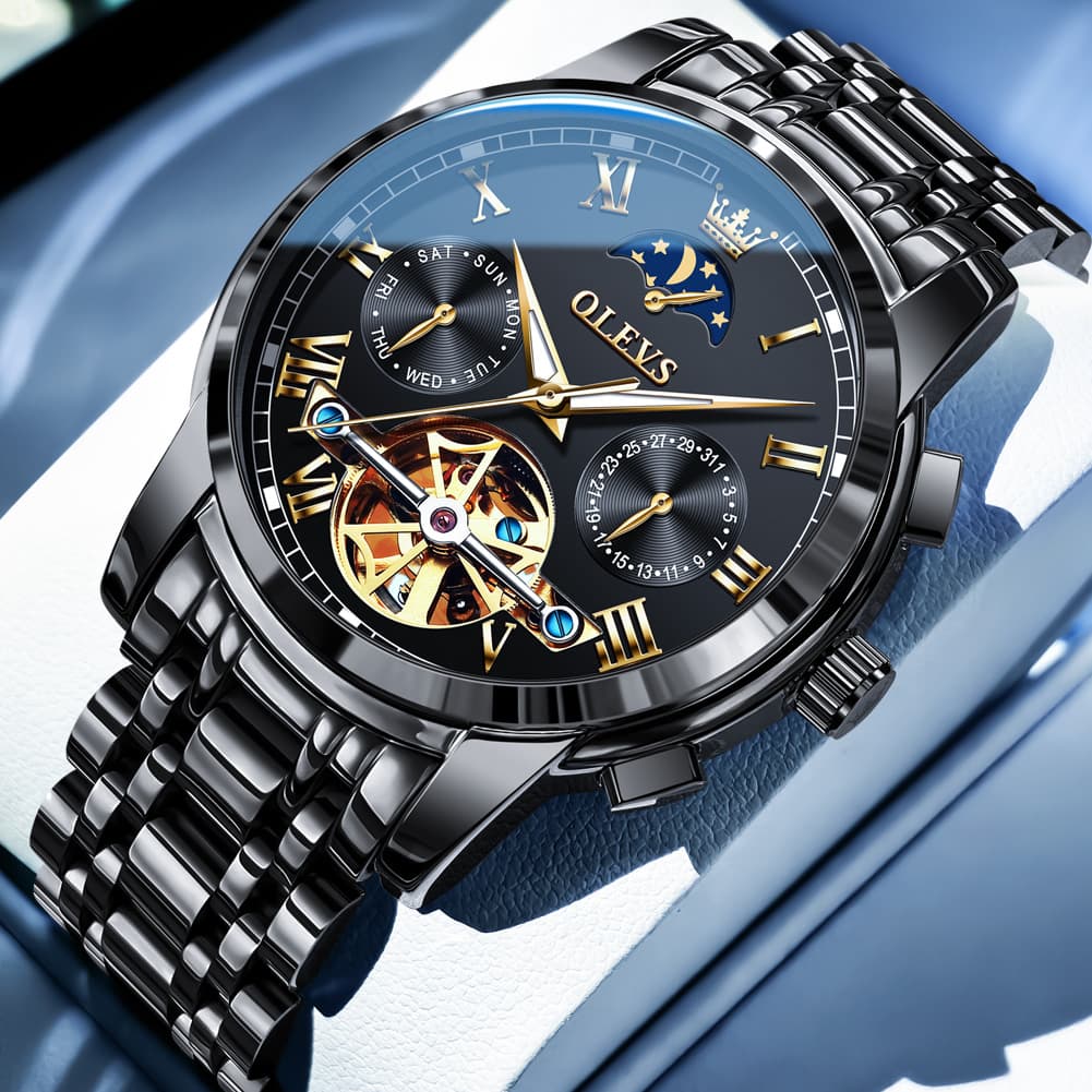 OLEVS 6617 Automatic Mechanical Tourbillon Moon Phase Watch for Men - All Black Steel Watch | Olevs Watch Store