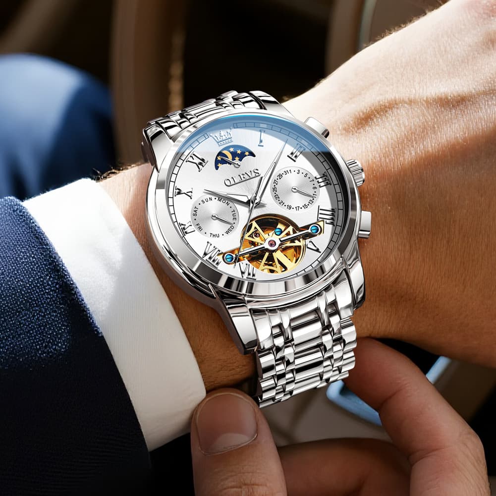 OLEVS 6617 Automatic Mechanical Tourbillon Moon Phase Watch for Men - All Black Steel Watch | Olevs Watch Store