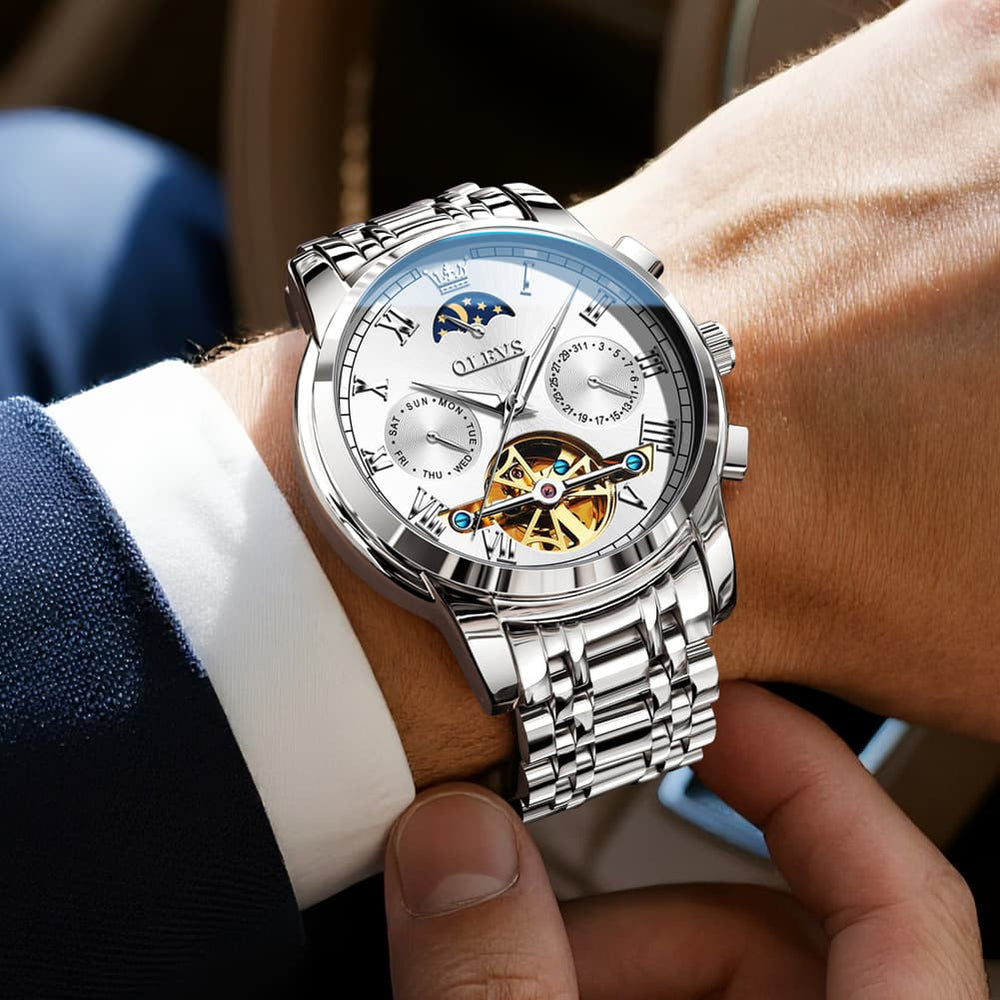OLEVS 6617 Automatic Mechanical Tourbillon Moon Phase Watch for Men - All Black Steel Watch | Olevs Watch Store