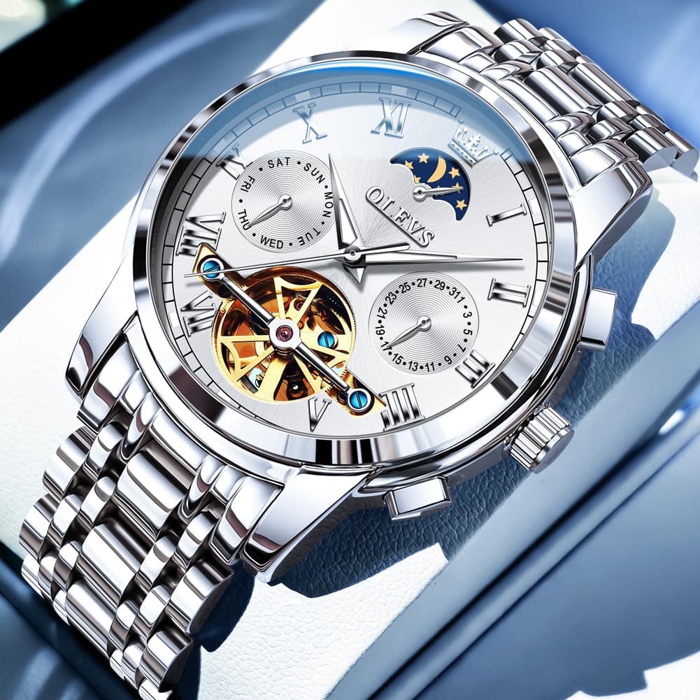 OLEVS 6617 Automatic Mechanical Tourbillon Moon Phase Watch for Men - All Black Steel Watch | Olevs Watch Store