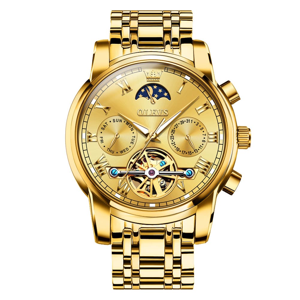 OLEVS 6617 Automatic Mechanical Tourbillon Moon Phase Watch for Men - All Gold Watch | Olevs Watch Store