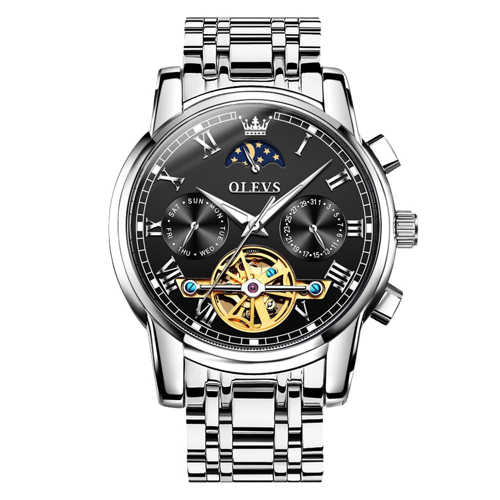 OLEVS 6617 Automatic Mechanical Tourbillon Moon Phase Watch for Men - Silver Black Watch | Olevs Watch Store