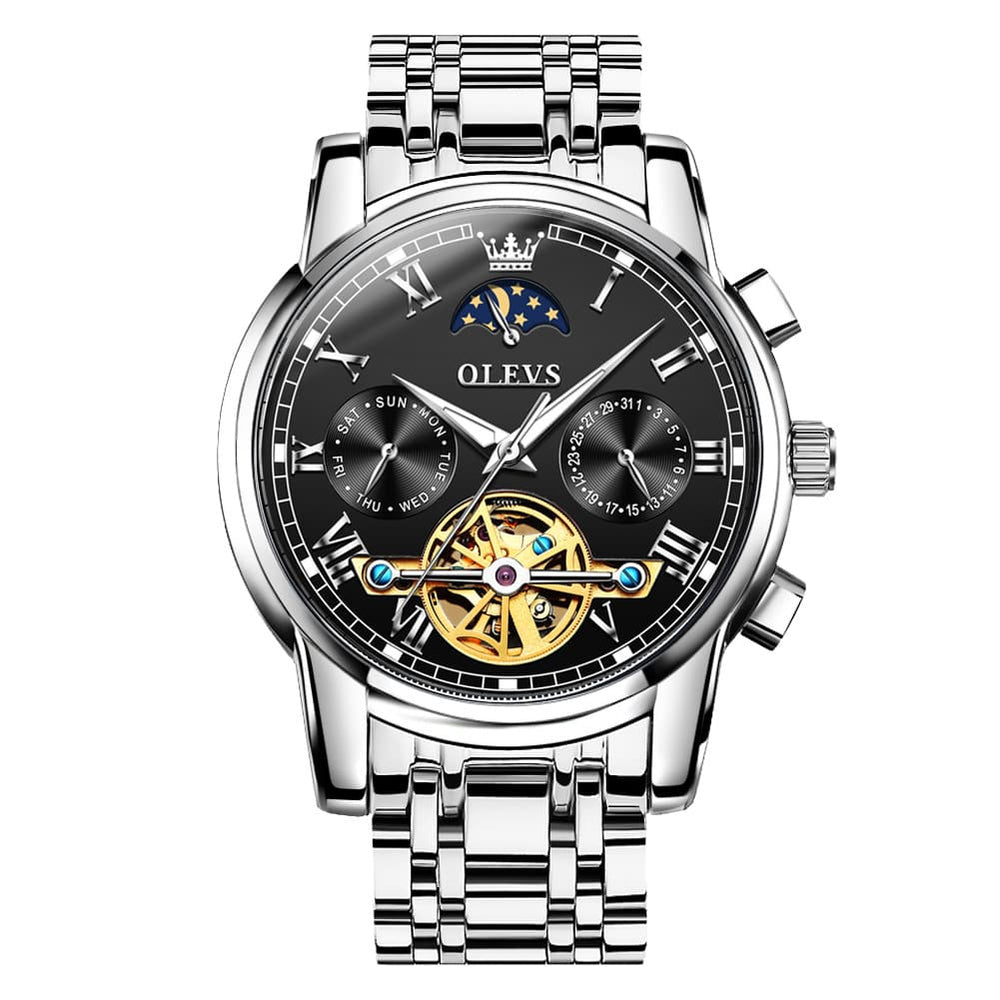 OLEVS 6617 Automatic Mechanical Tourbillon Moon Phase Watch for Men - Silver Black Watch | Olevs Watch Store