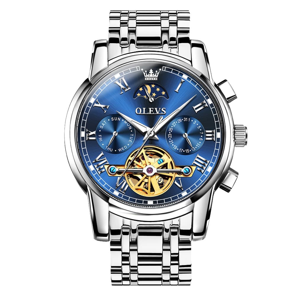 OLEVS 6617 Automatic Mechanical Tourbillon Moon Phase Watch for Men - Silver Blue Watch | Olevs Watch Store