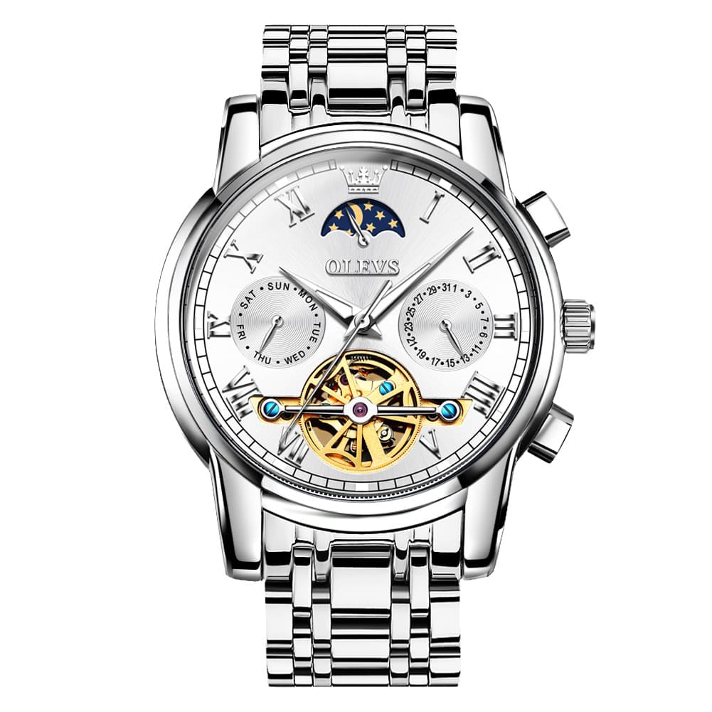 OLEVS 6617 Automatic Mechanical Tourbillon Moon Phase Watch for Men - Silver White Watch | Olevs Watch Store