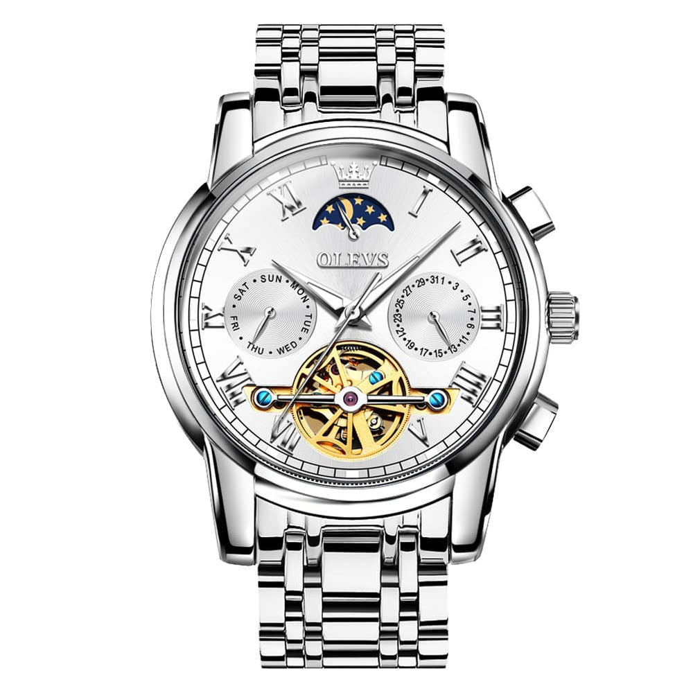 OLEVS 6617 Automatic Mechanical Tourbillon Moon Phase Watch for Men - Silver White Watch | Olevs Watch Store