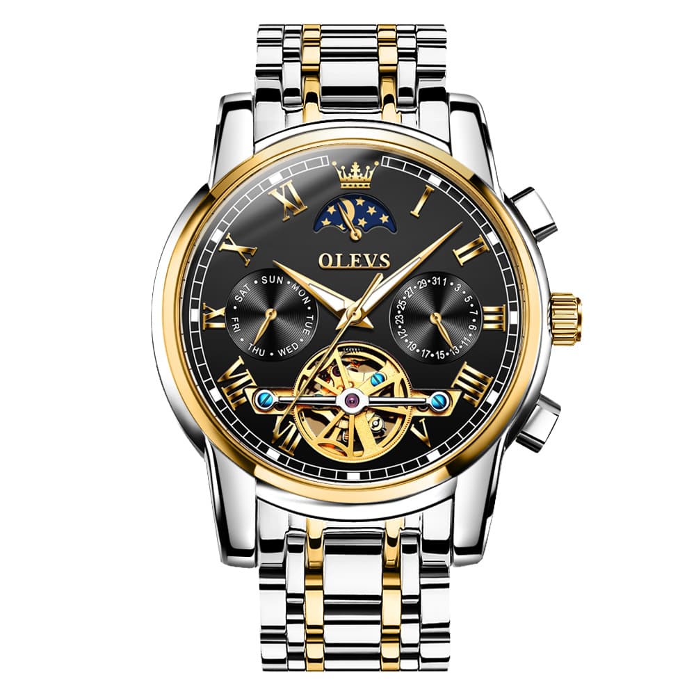 OLEVS 6617 Automatic Mechanical Tourbillon Moon Phase Watch for Men - Two Tone Black Watch | Olevs Watch Store