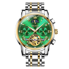 OLEVS 6617 Automatic Mechanical Tourbillon Moon Phase Watch for Men - Two Tone Green Watch | Olevs Watch Store