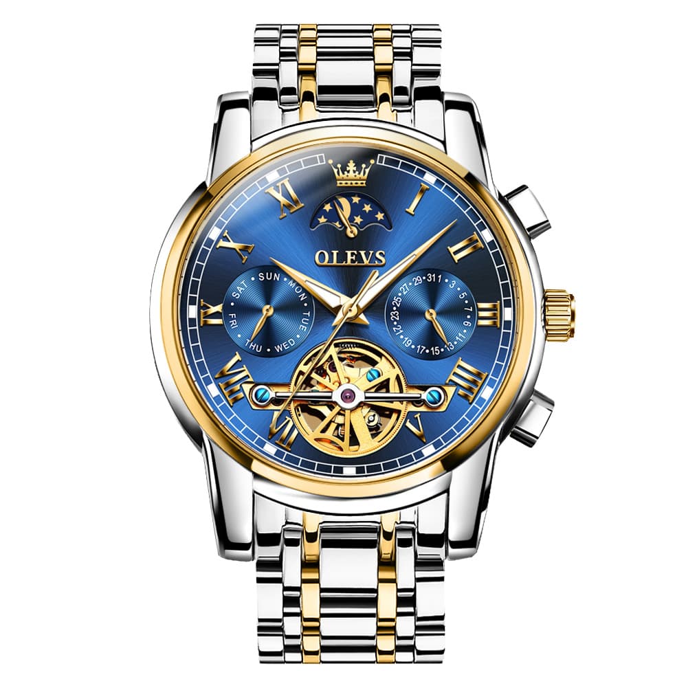 OLEVS 6617 Automatic Mechanical Tourbillon Moon Phase Watch for Men - Two Tone Blue Watch | Olevs Watch Store