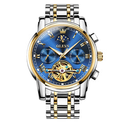 OLEVS 6617 Automatic Mechanical Tourbillon Moon Phase Watch for Men - Two Tone Blue Watch | Olevs Watch Store