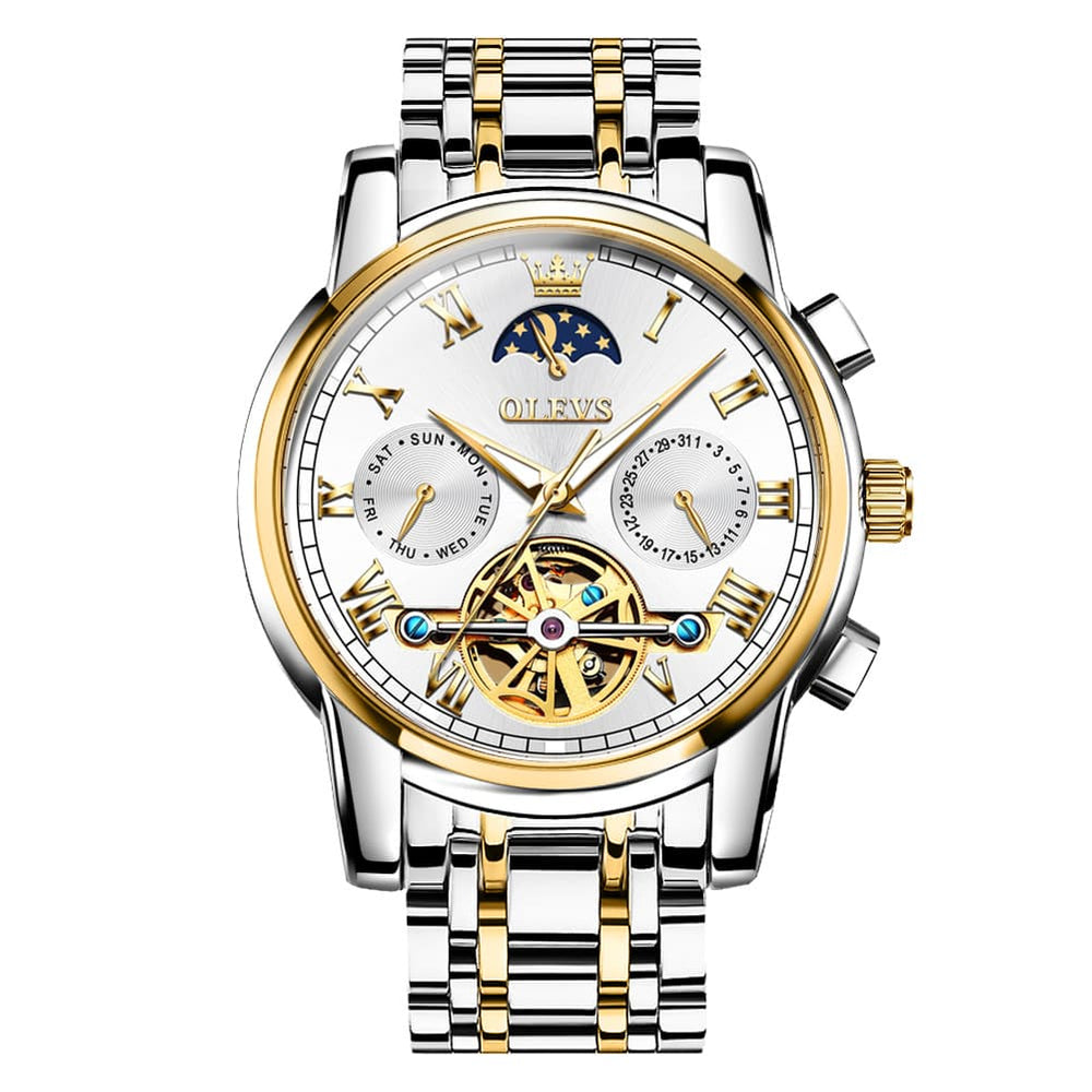 OLEVS 6617 Automatic Mechanical Tourbillon Moon Phase Watch for Men - Two Tone White Watch | Olevs Watch Store