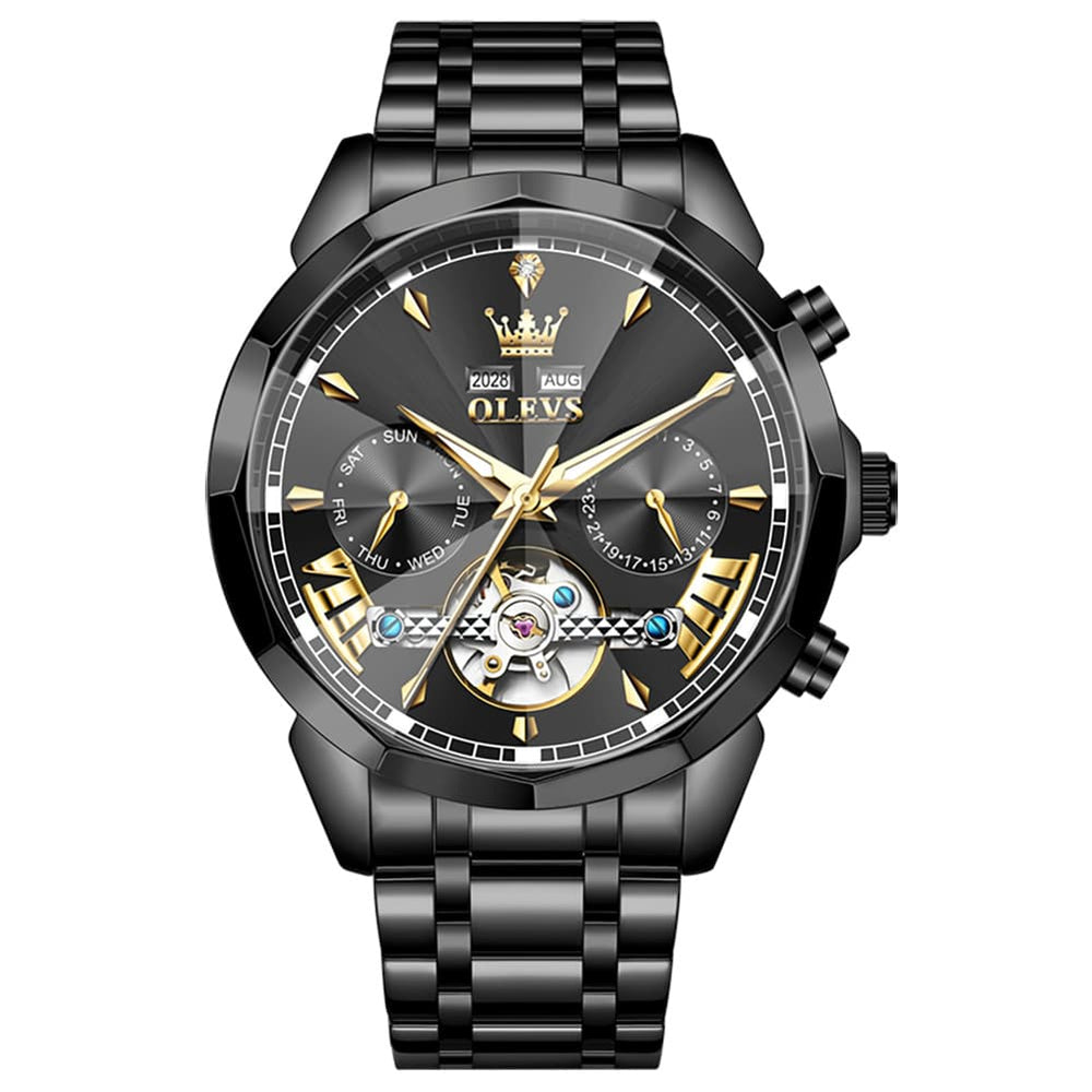 OLEVS 6619 Skeleton Mechanical Watch for Men - All Black Watch | Olevs Watch Store