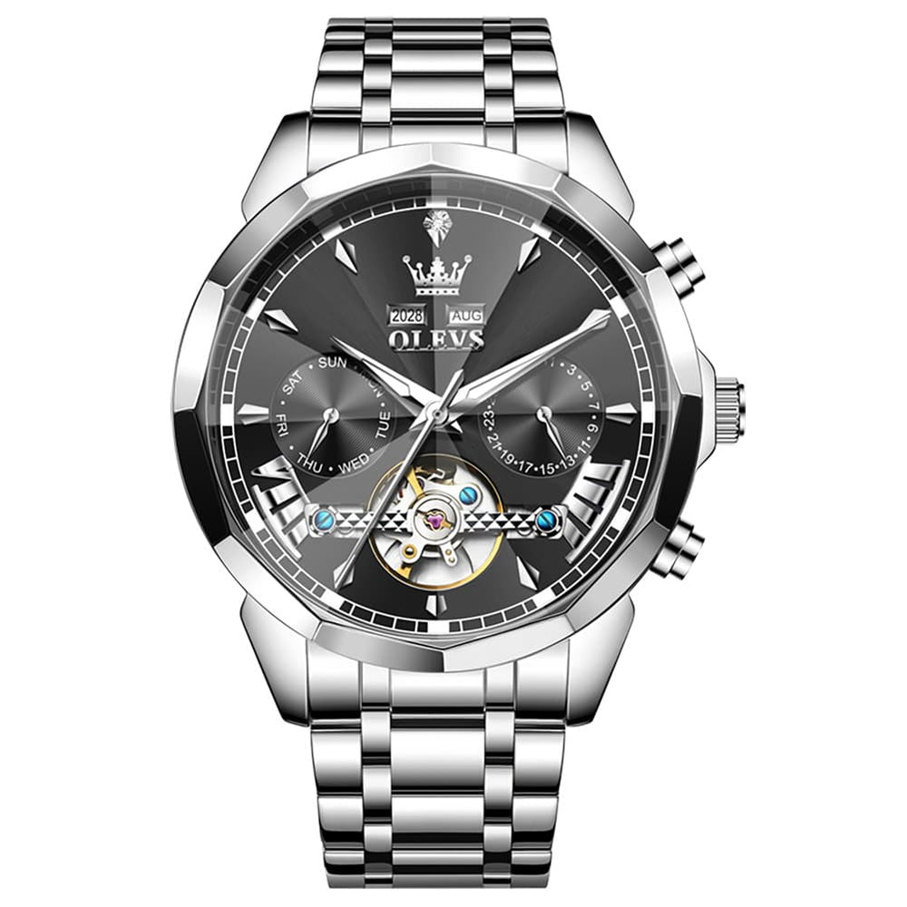 OLEVS 6619 Skeleton Mechanical Watch for Men - Silver Black Watch | Olevs Watch Store