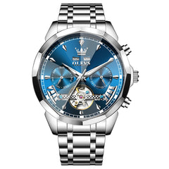 OLEVS 6619 Skeleton Mechanical Watch for Men - Silver Blue Watch | Olevs Watch Store