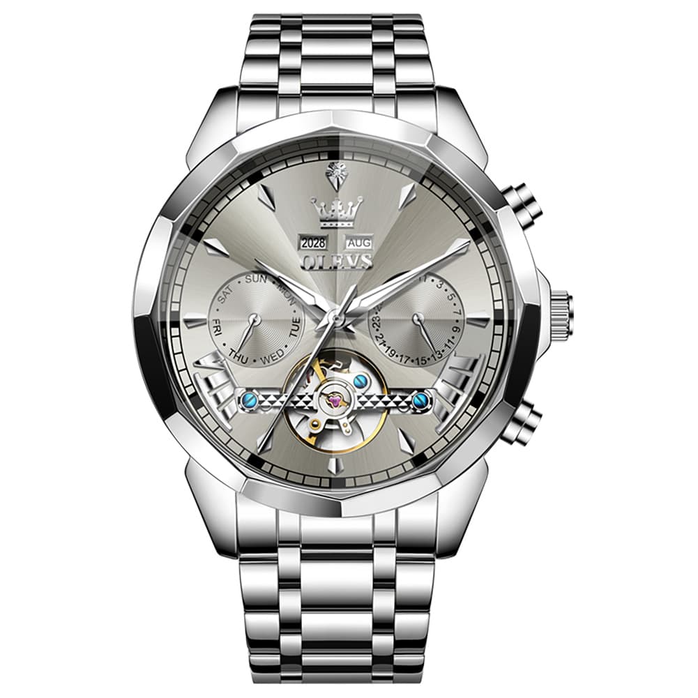 OLEVS 6619 Skeleton Mechanical Watch for Men - Silver Gray Watch | Olevs Watch Store